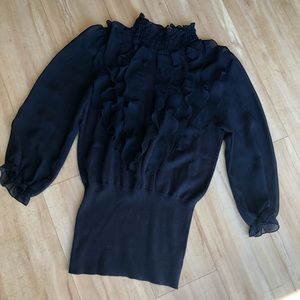 Navy ruffled top with sheer sleeves